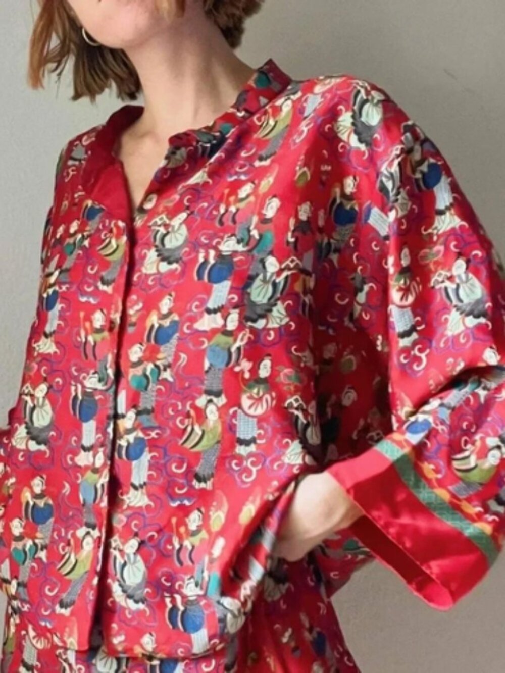 Vtg Josie Natori Asian Tea Party Novelty Blouse Mandarin Top Art Wear Size M